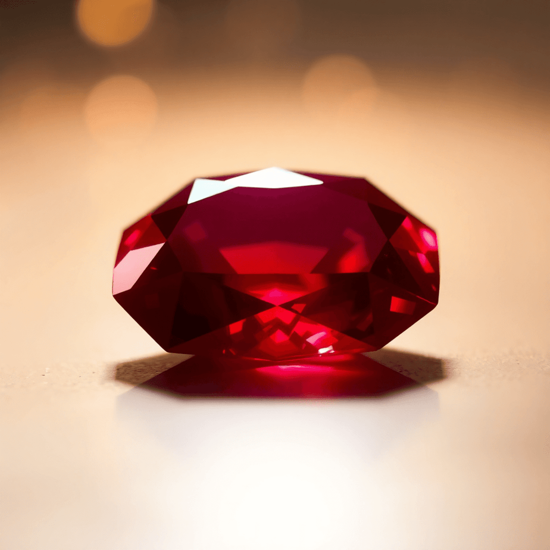 Close-up of a glowing deep red ruby on a reflective surface with warm golden light and subtle sparkling highlights.