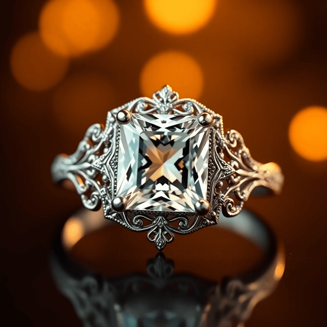 Close-up of a radiant cut diamond ring with intricate filigree and floral motifs, glowing softly under warm, romantic lighting with a blurred background.