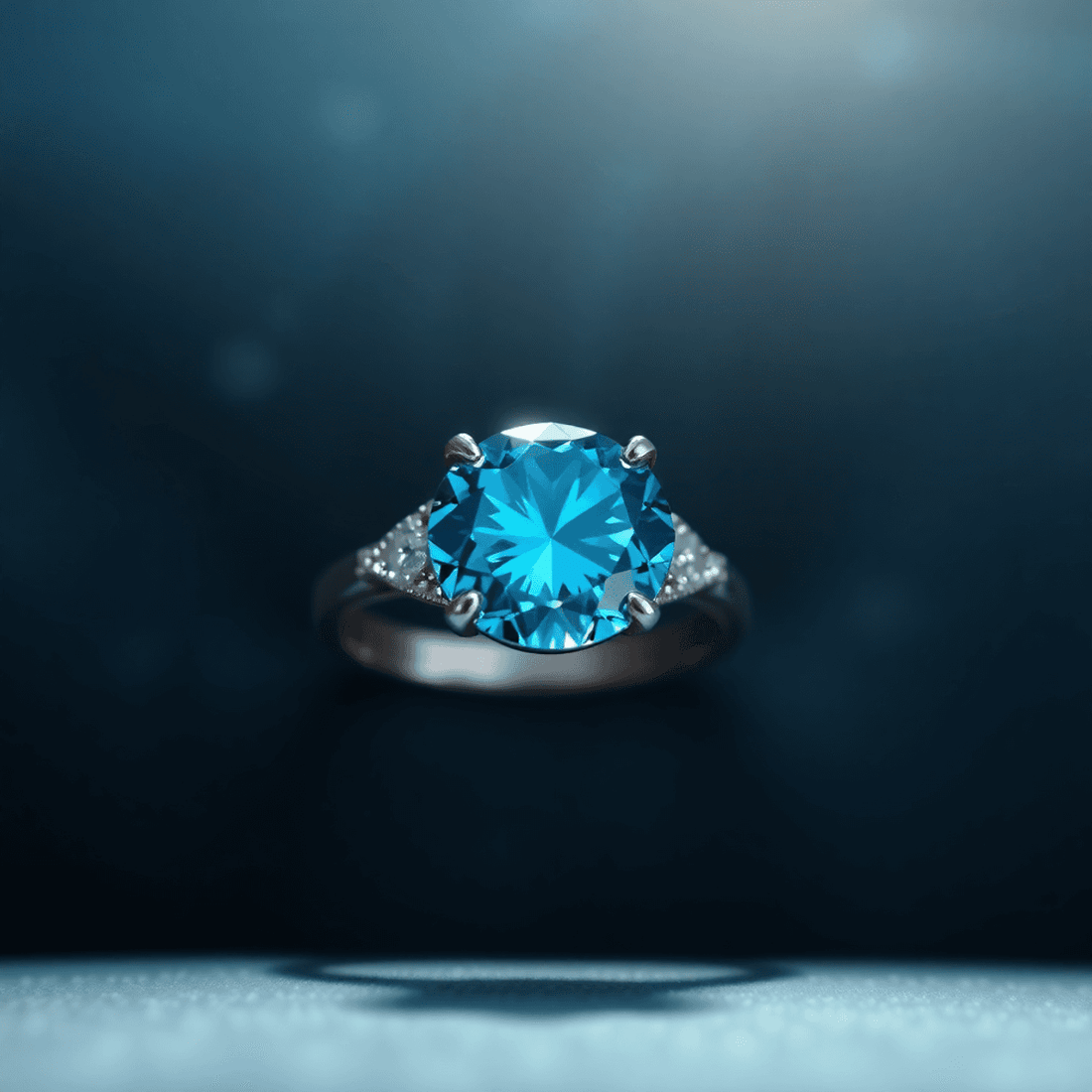 Close-up of a sparkling blue diamond engagement ring on a luxurious velvet background, showcasing its rare and elegant beauty.