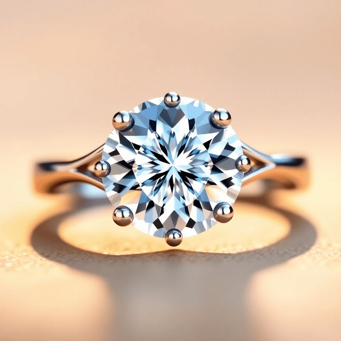 Close-up of a sparkling round brilliant diamond engagement ring with cathedral setting and elegant metal arches under warm natural light.