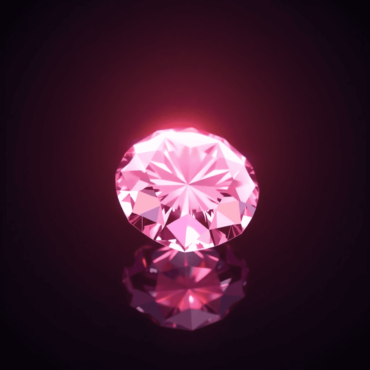 Close-up of a sparkling pink diamond on a reflective black surface with soft glowing light highlighting its brilliance and unique pink hue.