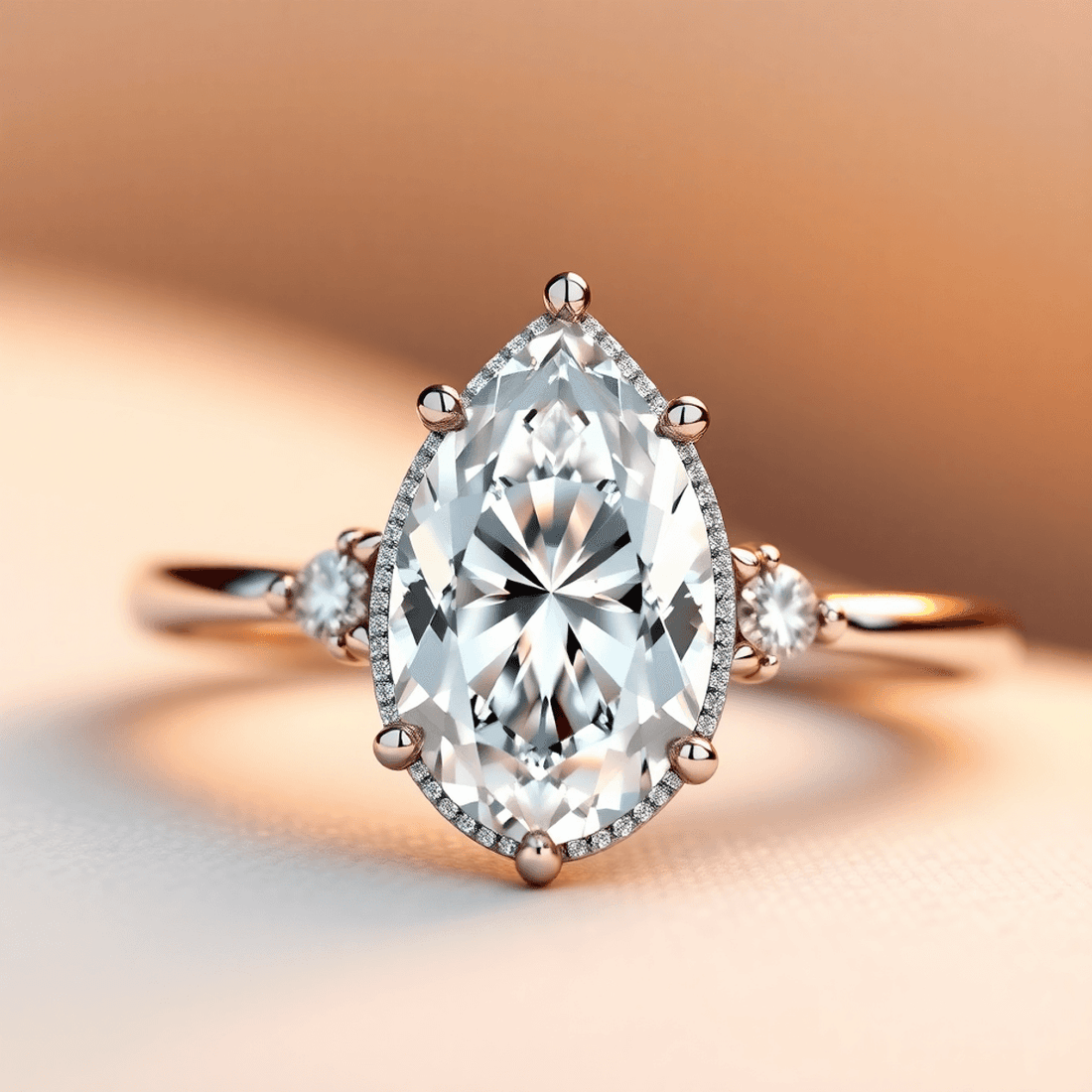 Close-up of a sparkling pear-shaped diamond ring with hidden halo accents and side stones against a warm, blurred background.