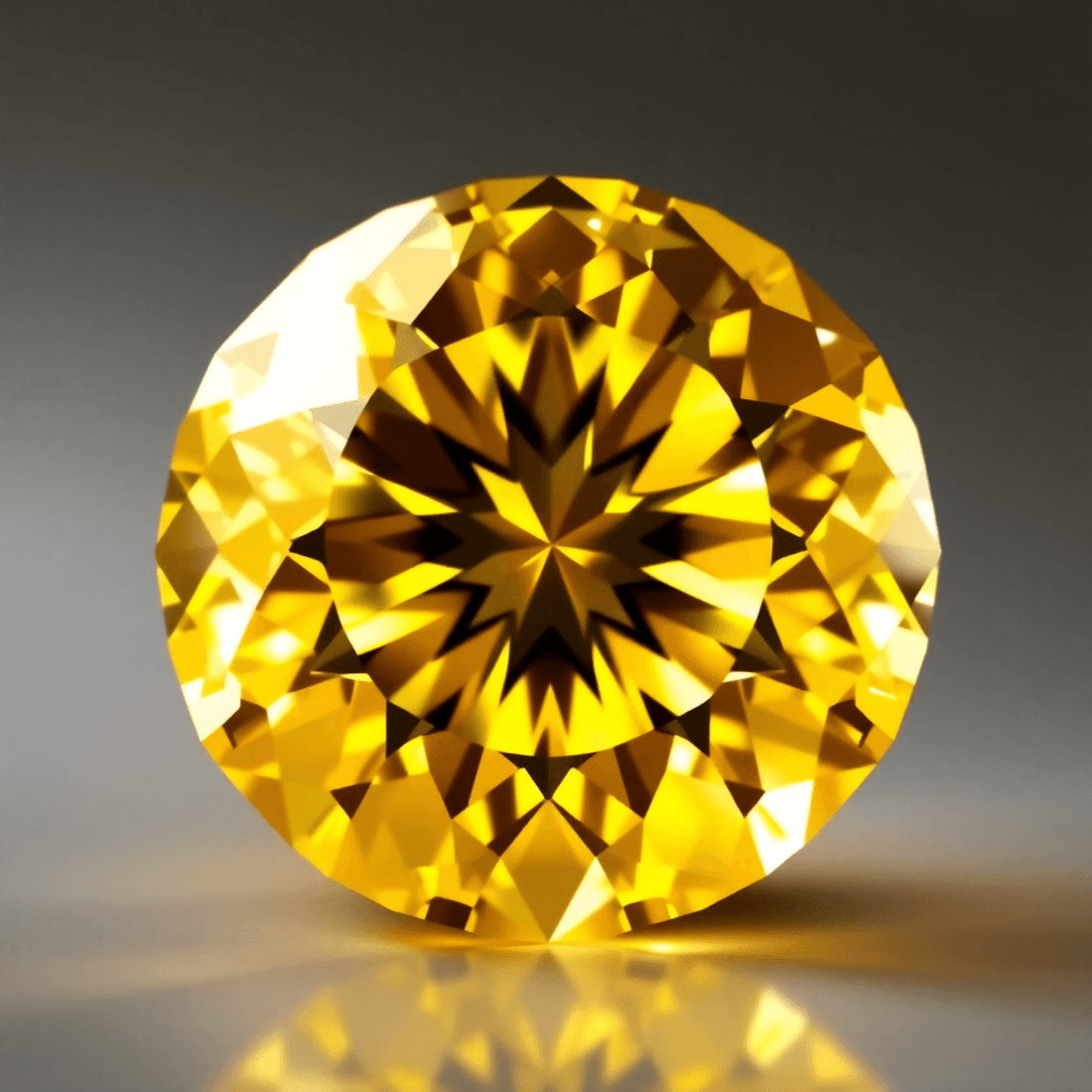 Close-up of a glowing yellow diamond with golden hues, surrounded by soft light reflections on a neutral, elegant background.