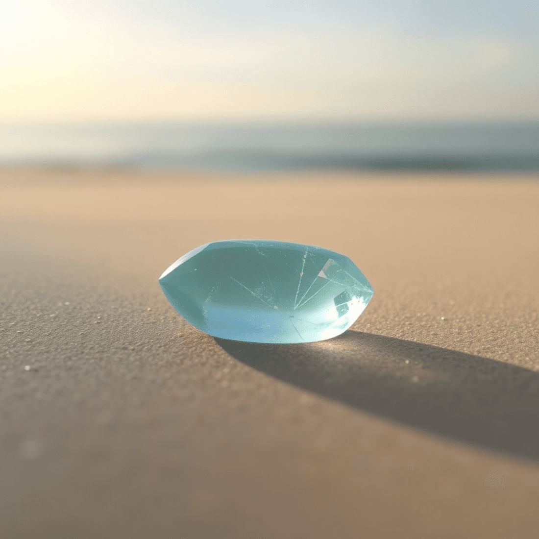 Close-up of a polished aquamarine gemstone on smooth sand with soft sunlight, calm ocean horizon, and clear sky in the background.