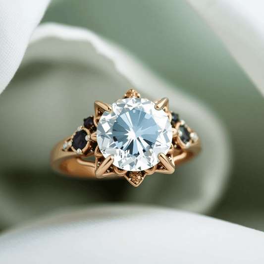 Close-up of a luxurious diamond ring with mixed metals and colored gemstones on a soft, elegant background.
