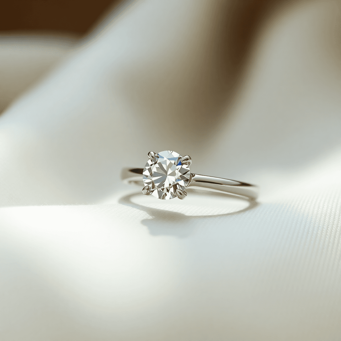 Close-up of a sparkling solitaire diamond ring on an elegant band resting on soft fabric with natural light highlighting its brilliance.