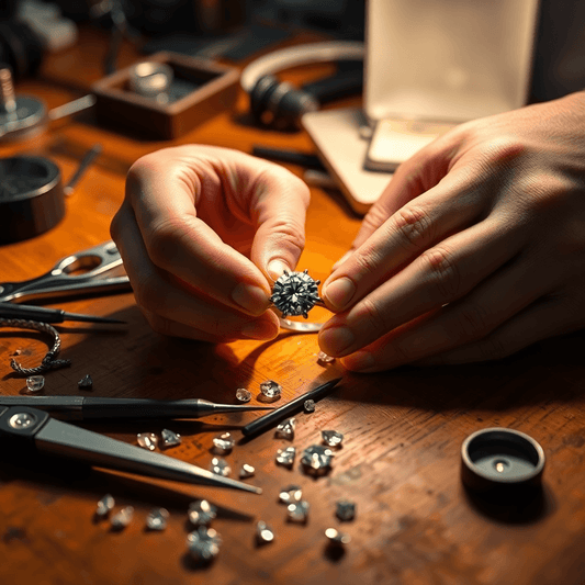 Jeweler's hands repairing a sparkling diamond ring on a wooden workbench with tools and loose diamonds under warm focused light.