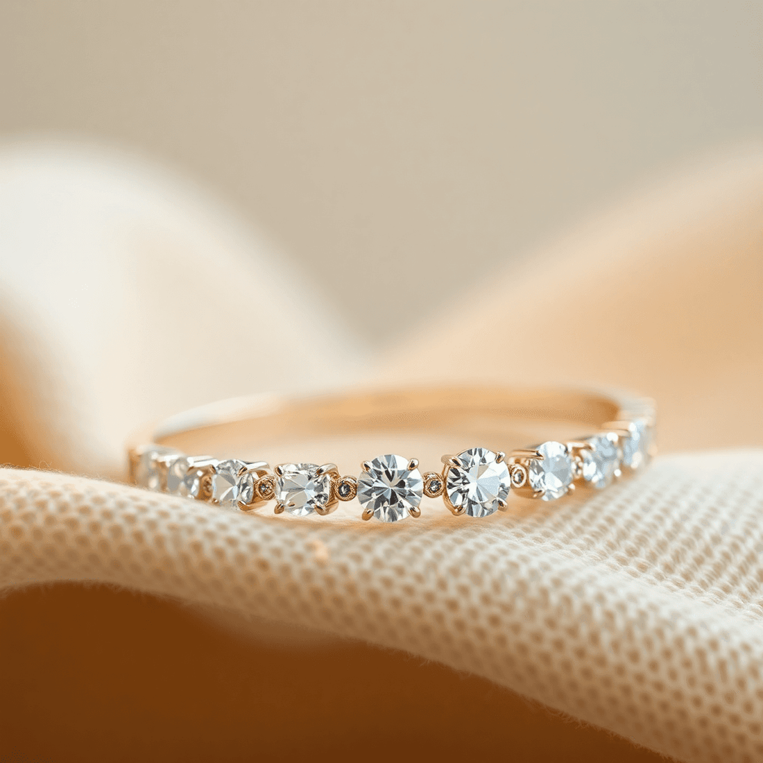 Close-up of a sparkling diamond bracelet on soft fabric with warm lighting, highlighting the brilliance of lab-grown diamonds against an eco-friendly background
