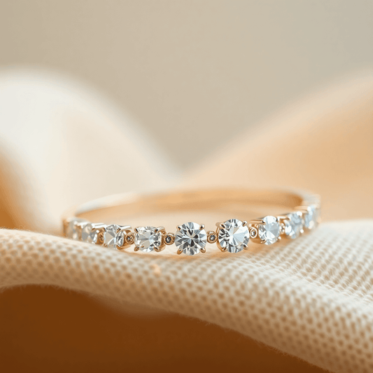 Close-up of a sparkling diamond bracelet on soft fabric with warm lighting, highlighting the brilliance of lab-grown diamonds against an eco-friendly background