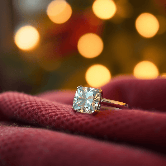 Close-up of a sparkling cushion cut diamond engagement ring on soft fabric with blurred warm holiday lights in the background.