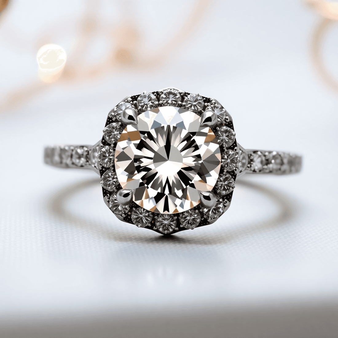 Close-up of a sparkling diamond engagement ring being professionally cleaned and upgraded against a soft, elegant background with jewelry design elements.