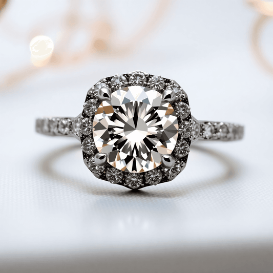 Close-up of a sparkling diamond engagement ring being professionally cleaned and upgraded against a soft, elegant background with jewelry design elements.