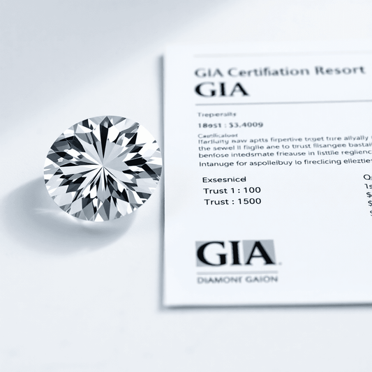 Close-up of a sparkling diamond next to a GIA certification report.