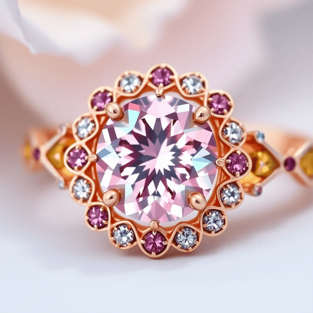 Close-up of elegant jewelry with a sparkling pink diamond, mixed metals, and colorful gemstones on a soft, blurred background highlighting luxury.