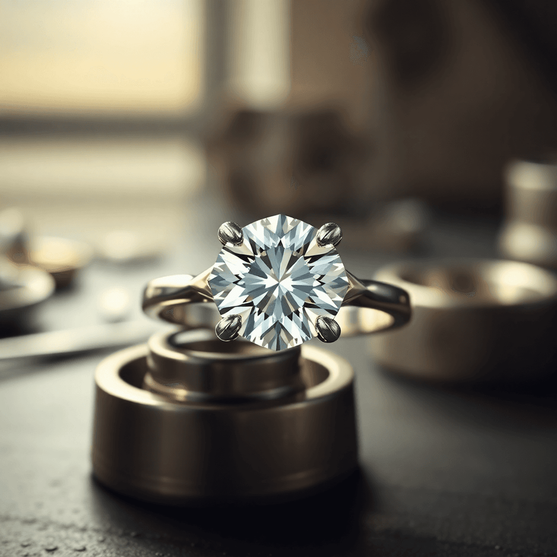 Close-up of a sparkling engagement ring with aligned prongs against a blurred jewelry workshop background, highlighting precision and craftsmanship.
