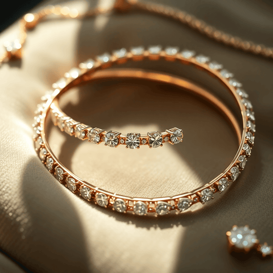 Close-up of sparkling diamond bangles on velvet, with gold and platinum accents, showcasing timeless elegance.