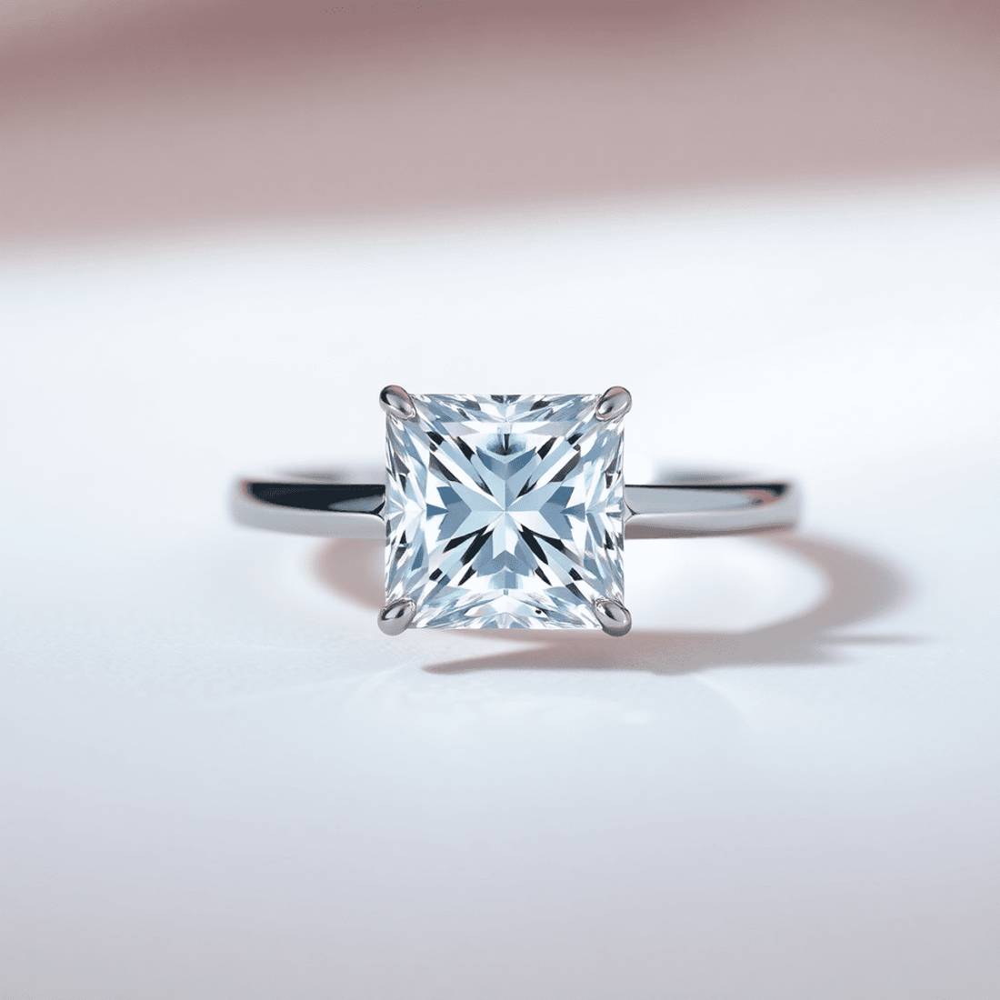 Close-up of a sparkling princess cut diamond engagement ring on a soft background with light reflections highlighting its sharp corners and brilliant facets.