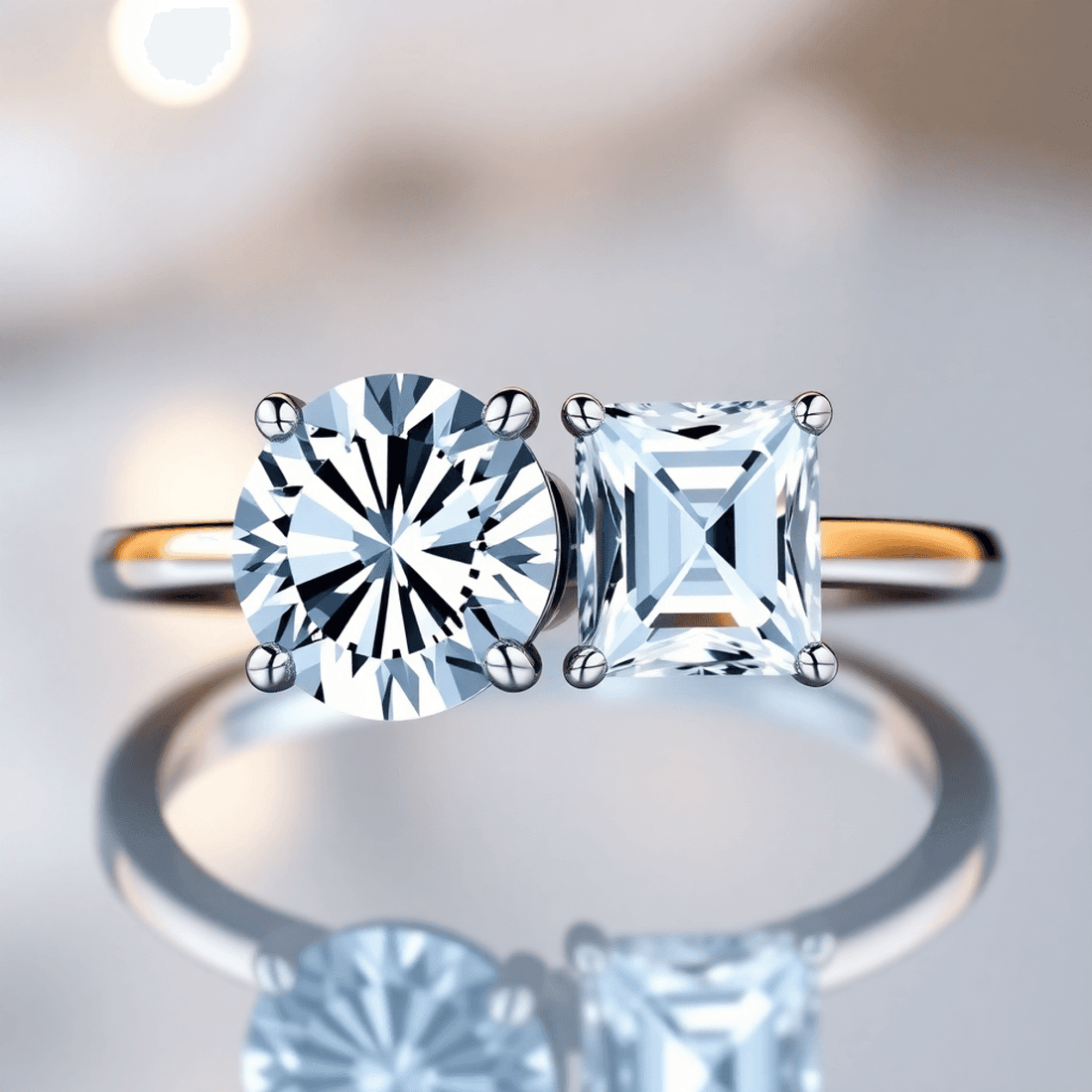 Close-up of a sparkling diamond engagement ring with round brilliant and princess cut stones on a soft, reflective background.