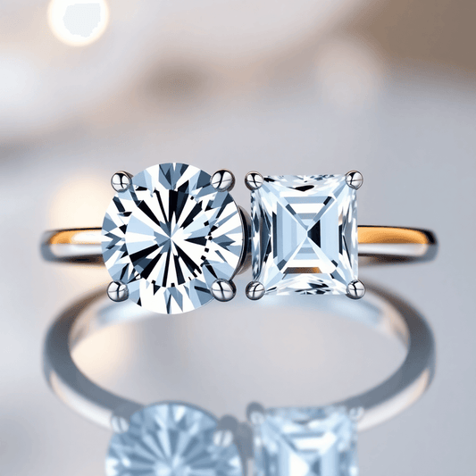 Close-up of a sparkling diamond engagement ring with round brilliant and princess cut stones on a soft, reflective background.