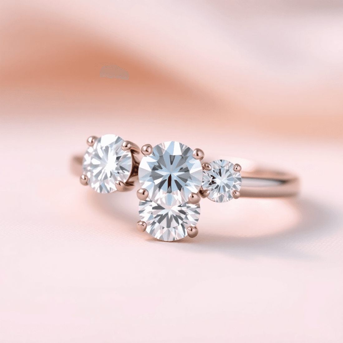 Close-up of an elegant two-stone diamond ring on a soft background with gentle lighting highlighting the sparkling stones, symbolizing love and unity.