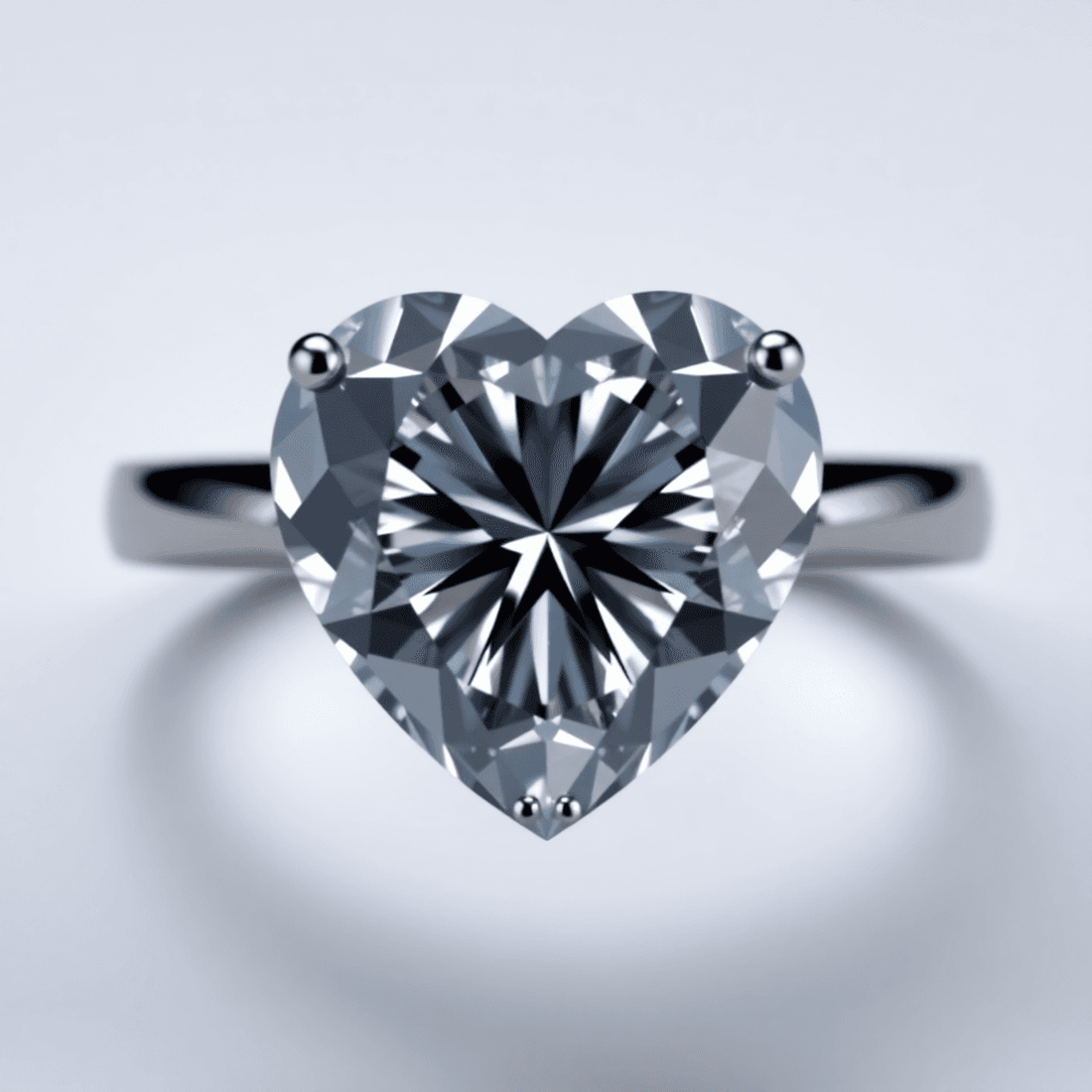 Close-up of a sparkling heart-shaped diamond ring with light reflections and a subtle bow-tie shadow on a soft, elegant background.