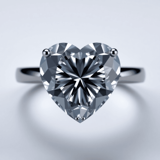 Close-up of a sparkling heart-shaped diamond ring with light reflections and a subtle bow-tie shadow on a soft, elegant background.