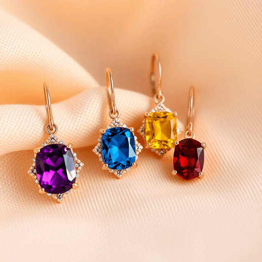 Close-up of colorful diamond earrings in purple, blue, yellow, and red on soft fabric with warm and cool lighting highlighting their sparkle.