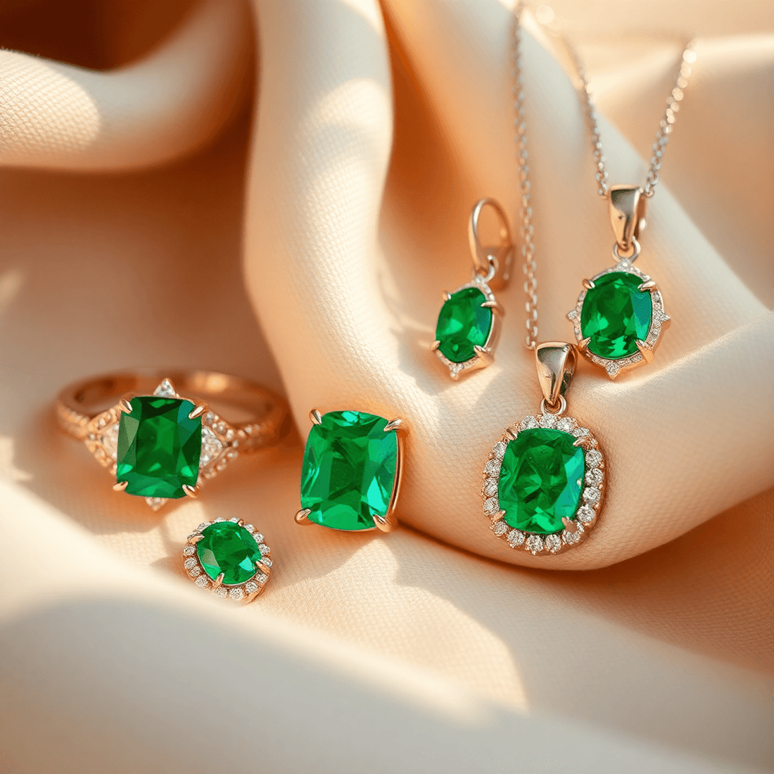 Close-up of elegant emerald rings, earrings, and pendants in gold and platinum on soft pastel fabrics, highlighted by natural daylight.