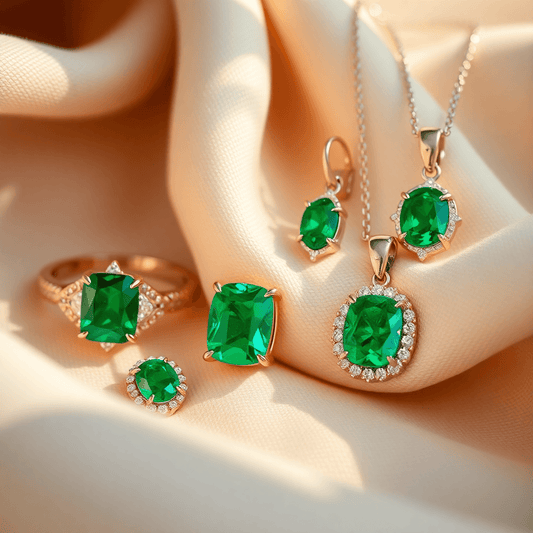Close-up of elegant emerald rings, earrings, and pendants in gold and platinum on soft pastel fabrics, highlighted by natural daylight.