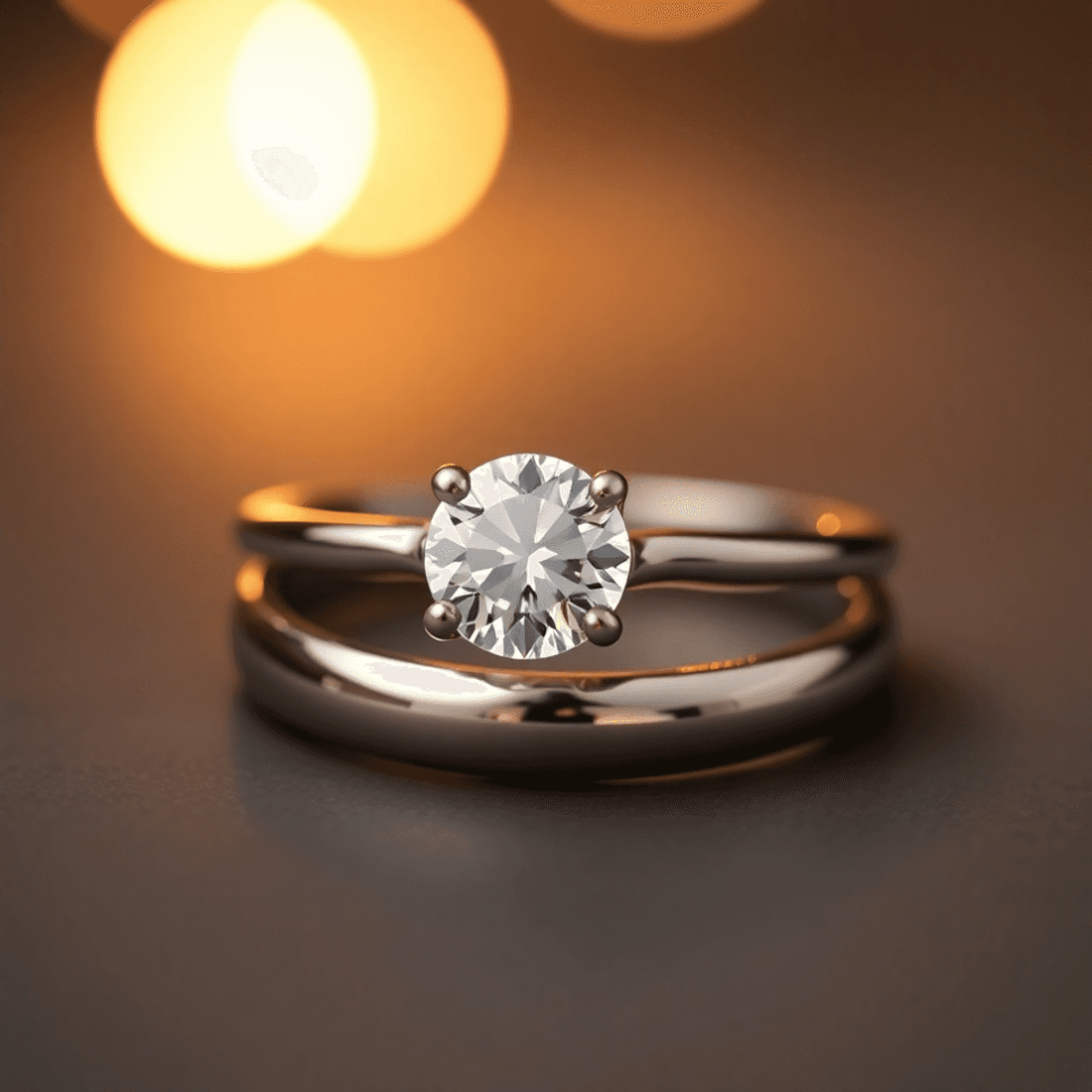 Close-up of a classic solitaire diamond engagement ring on a simple metal band glowing under soft romantic lighting.