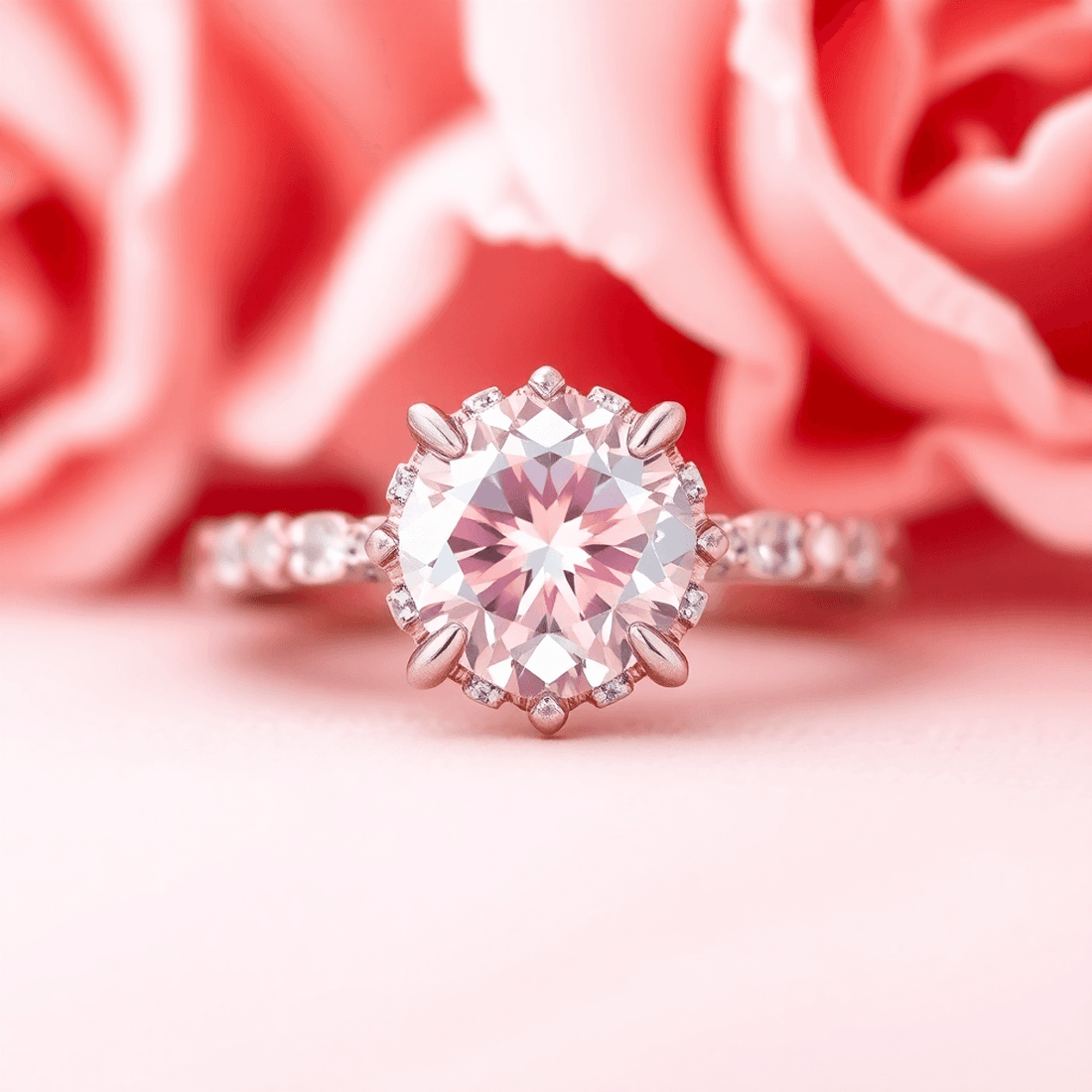 Close-up of a sparkling pink diamond engagement ring on a soft rose and blush background, showcasing its rare beauty and luxurious elegance.