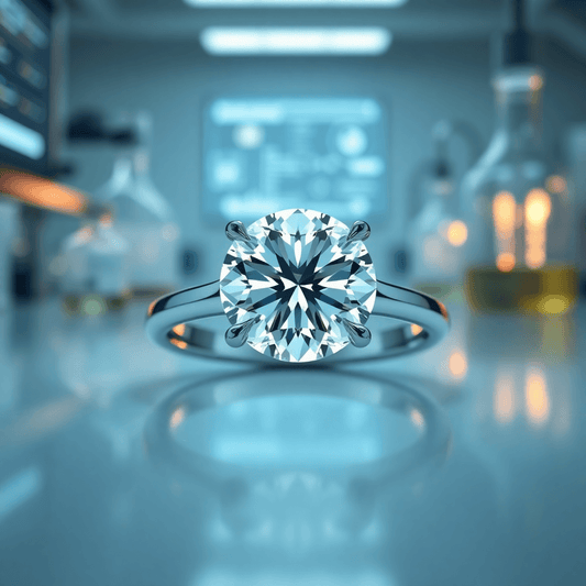 Close-up of a sparkling diamond ring on an elegant band, glowing softly with a modern lab background hinting at advanced technology.