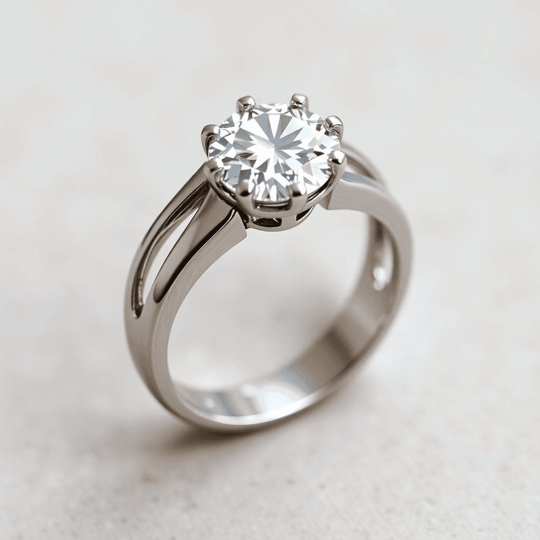 Close-up of a polished white gold split shank ring with a sparkling diamond center, showcased on a soft neutral background.
