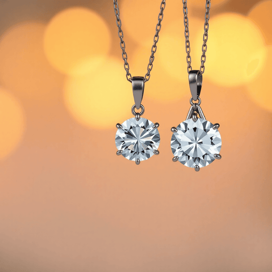 Close-up of a sparkling diamond pendant against a warm, softly blurred background evoking romance and timeless commitment.