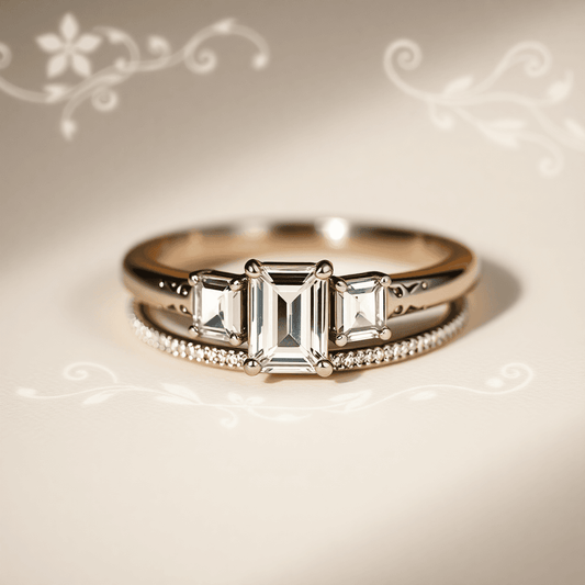 Close-up of a baguette cut diamond ring with floral and scroll motifs, highlighting sleek diamonds, milgrain edges, and fine filigree on a soft background.