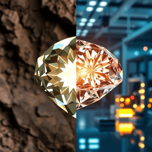 Split image of a sparkling natural diamond with geological background and a brilliant lab-grown diamond in a high-tech lab setting.