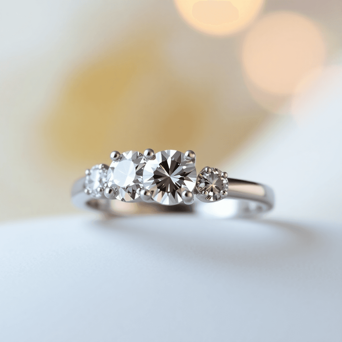 Close-up of an elegant three-stone engagement ring with a sparkling center diamond and two smaller side stones on a polished metal band.