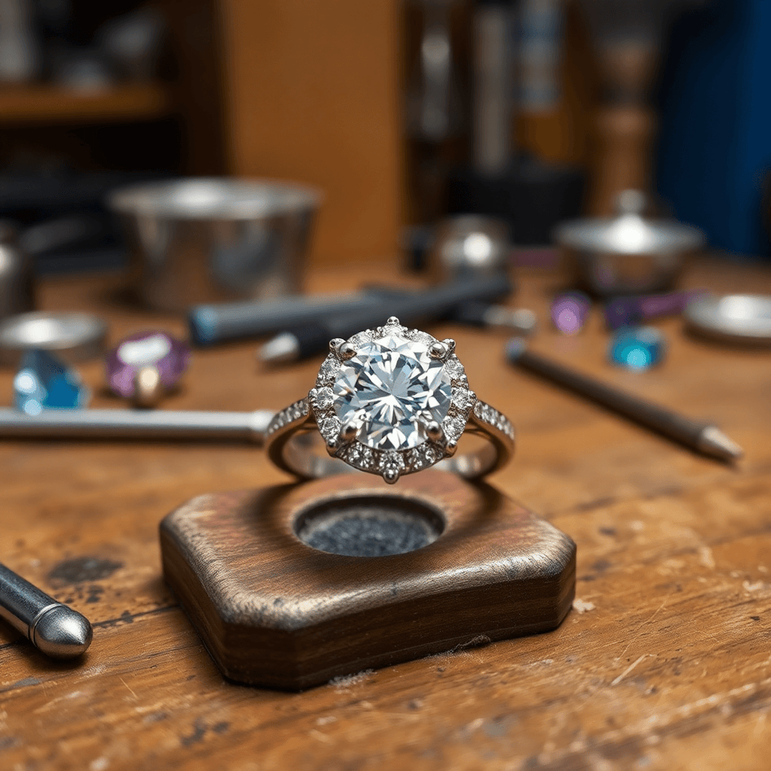 Close-up of a custom diamond ring on a jeweler’s workbench with blurred tools and gemstones in the background, highlighting bespoke jewelry craftsmanship.