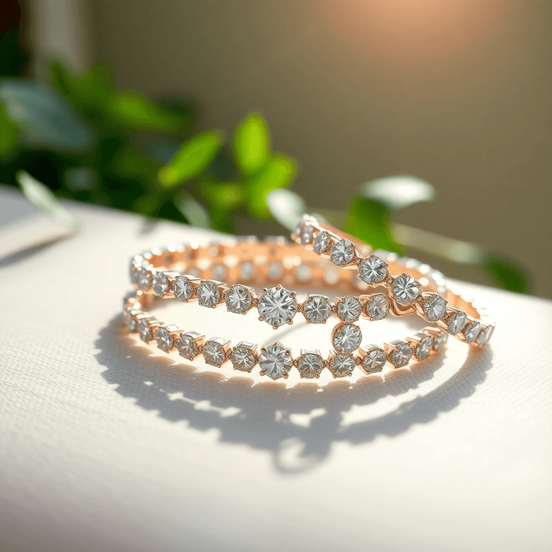 Close-up of sparkling diamond bracelets on a smooth surface with soft natural light and subtle greenery in the background.
