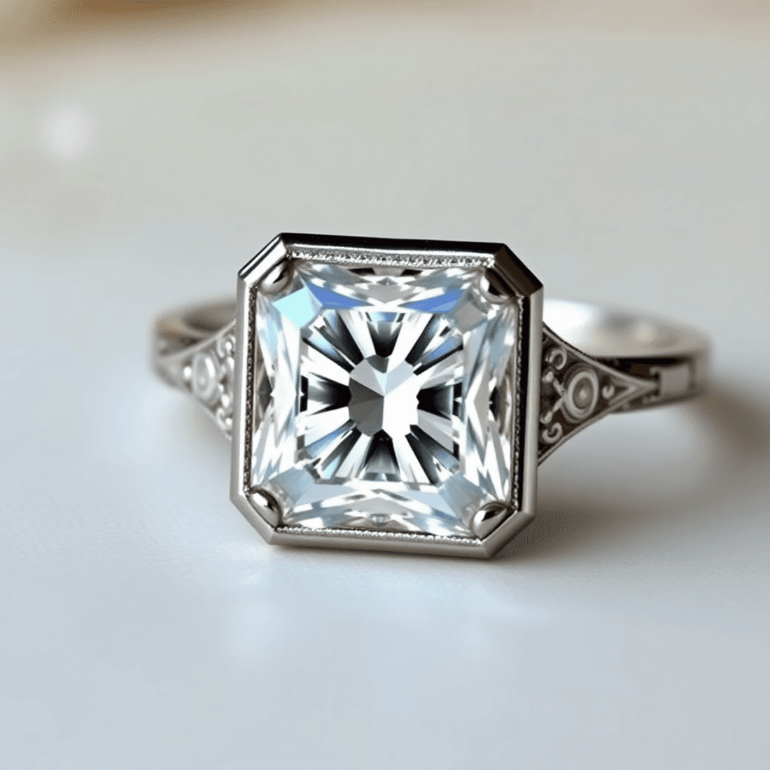 Close-up of a sparkling Asscher cut diamond ring with vintage setting, showcasing square shape and step-cut facets against a soft, elegant background.