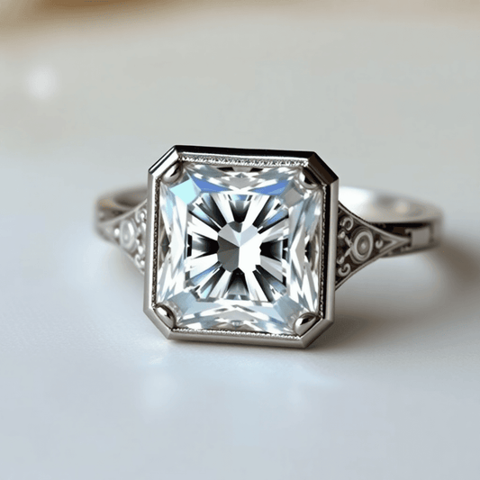 Close-up of a sparkling Asscher cut diamond ring with vintage setting, showcasing square shape and step-cut facets against a soft, elegant background.