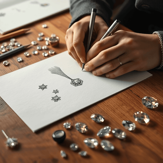 Close-up of jeweler's hands sketching a jewelry design on paper, surrounded by diamonds and gemstones on a wooden workbench.