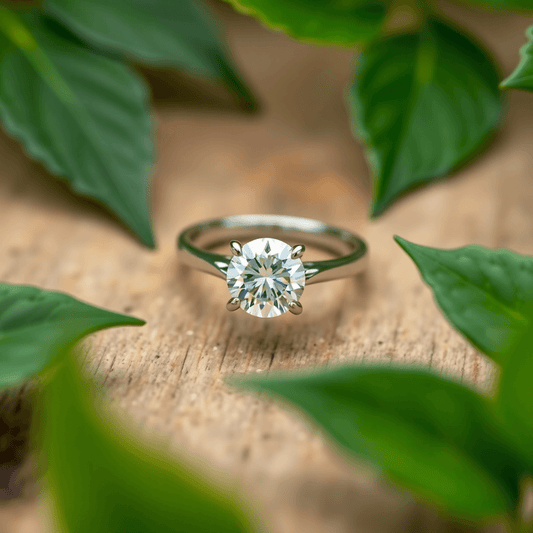 Close-up of a sparkling lab-grown diamond engagement ring on a wooden surface, surrounded by green leaves symbolizing eco-friendliness.