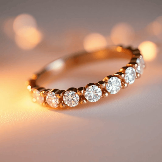 Close-up of a sparkling eternity band with lab-grown diamonds set in recycled gold, glowing softly under warm light, symbolizing endless love and ethical luxury