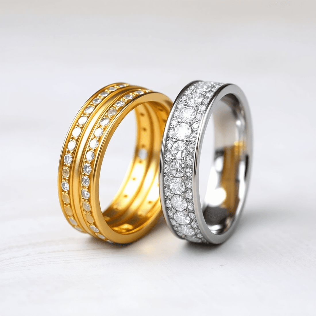 Close-up of two men's eternity bands, one yellow gold and one platinum, both with sparkling diamonds, on a soft neutral background.