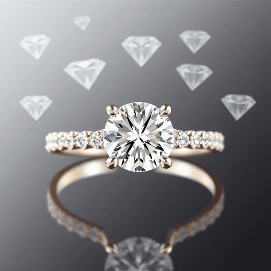 Close-up of a sparkling diamond engagement ring with various diamond cut sketches in the soft background, highlighting elegance and craftsmanship.