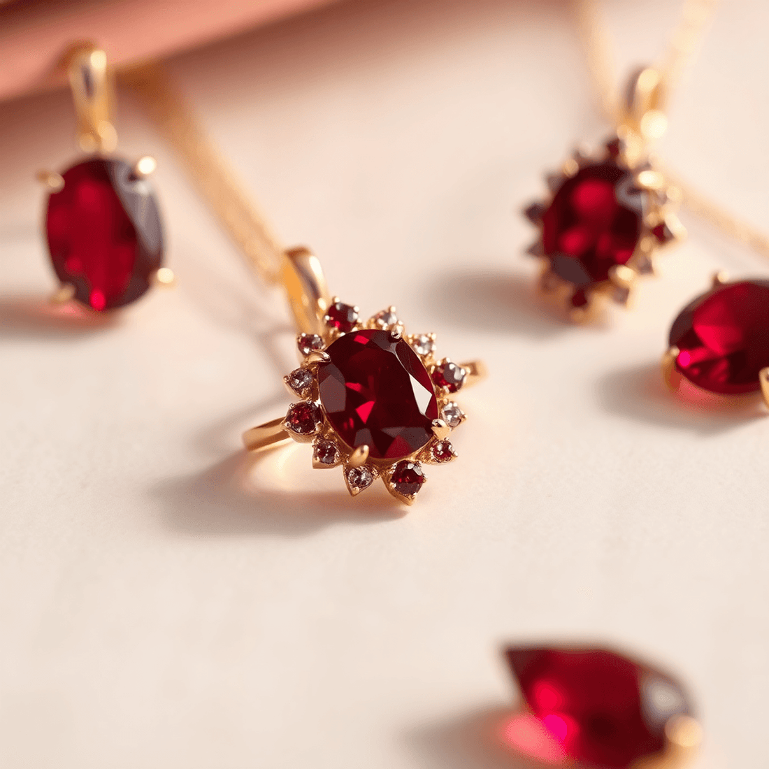 Close-up of elegant ruby jewelry with deep red gemstones in gold and silver on a soft background, highlighting their rich color and brilliance.