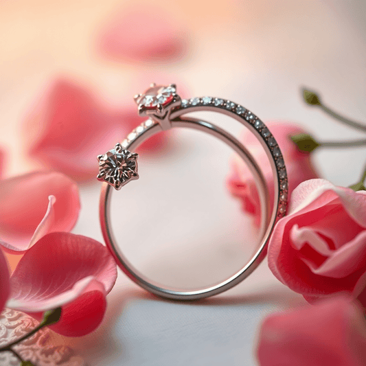 Two elegant gemstone rings intertwined on a soft background with rose petals and vintage lace, bathed in warm, gentle lighting.