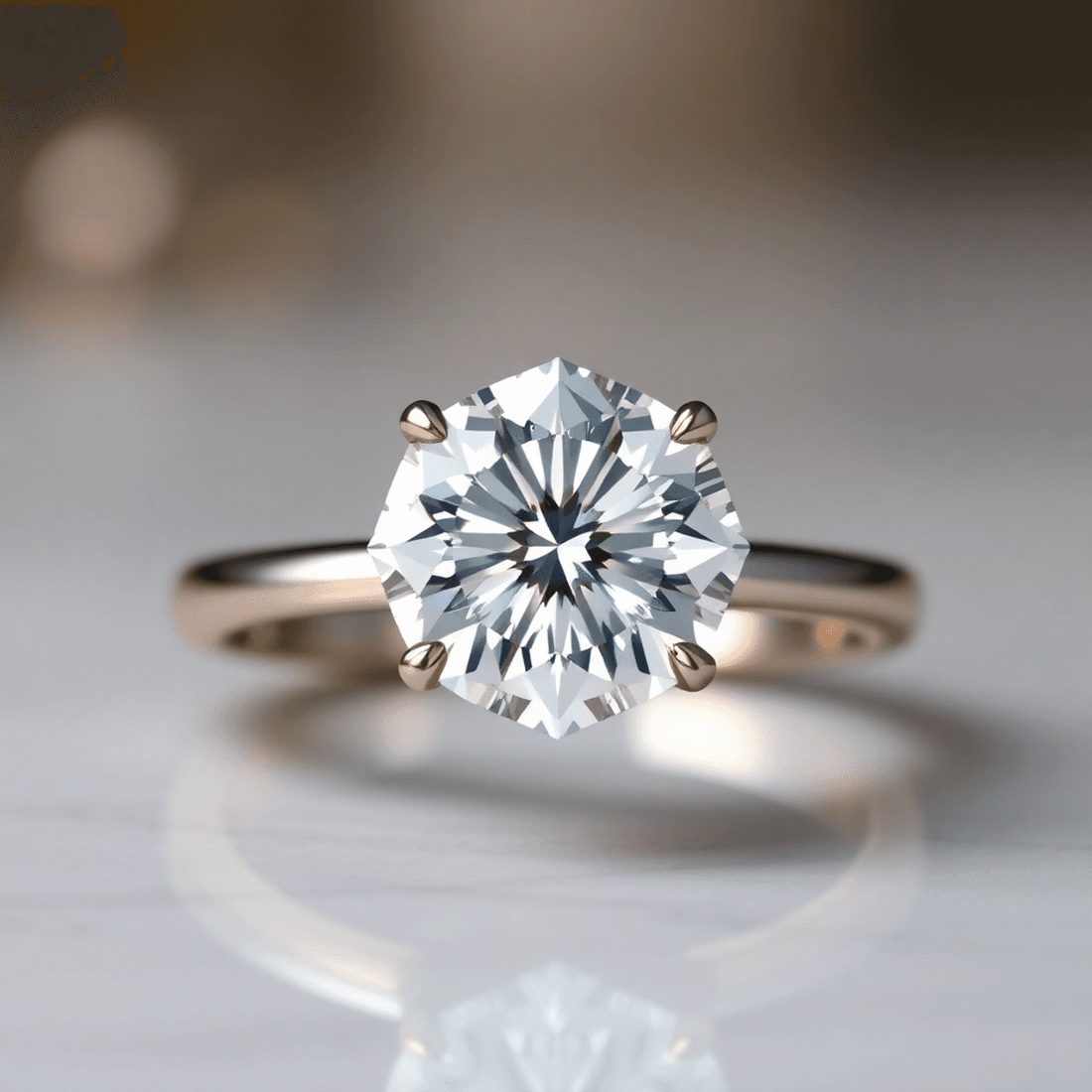 Close-up of a sparkling brilliant-cut diamond ring on an elegant band, glowing under warm light with a softly blurred luxurious background.