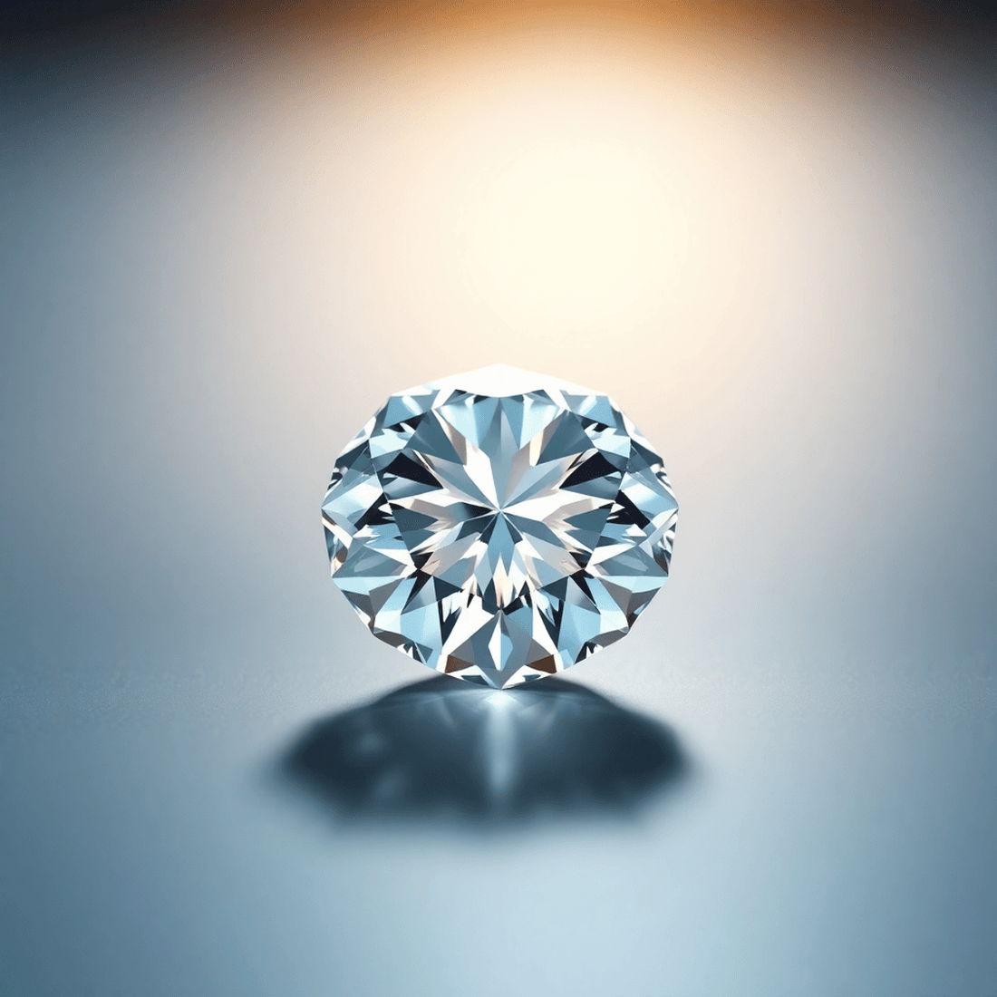 Close-up of a sparkling, perfectly cut diamond on a smooth reflective surface with soft light highlighting its brilliance and facets.